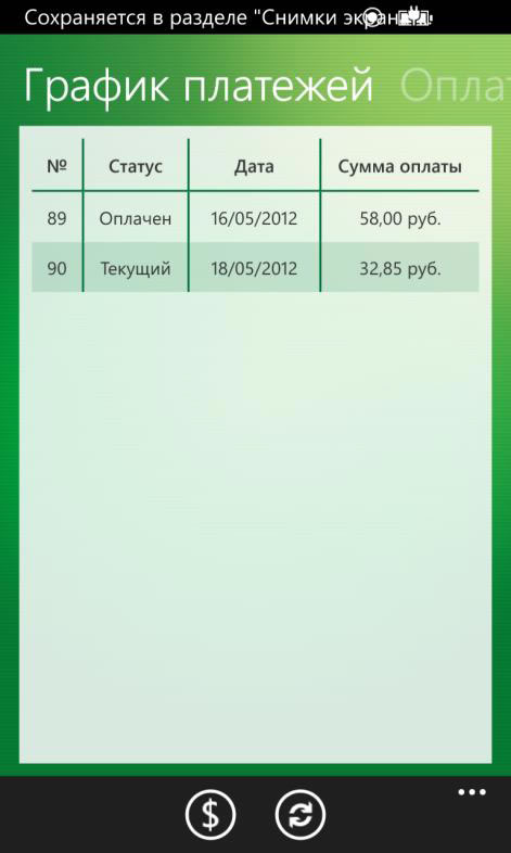 Вкладка «График платежей» по кредиту в приложении Сбербанк ОнЛайн для Windows Phone