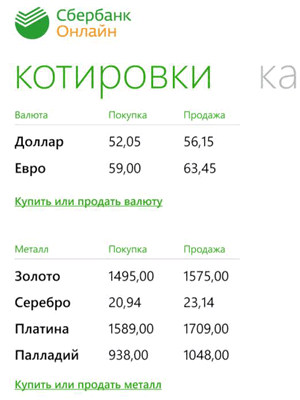 Покупка или продажа металлов через Сбербанк ОнЛайн на Windows Phone