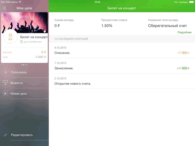 Информация по целевым счетам в приложении Сбербанк ОнЛайн для iPad