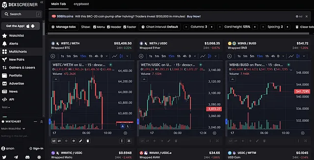 Множественный график цен токенов на DEX Screener