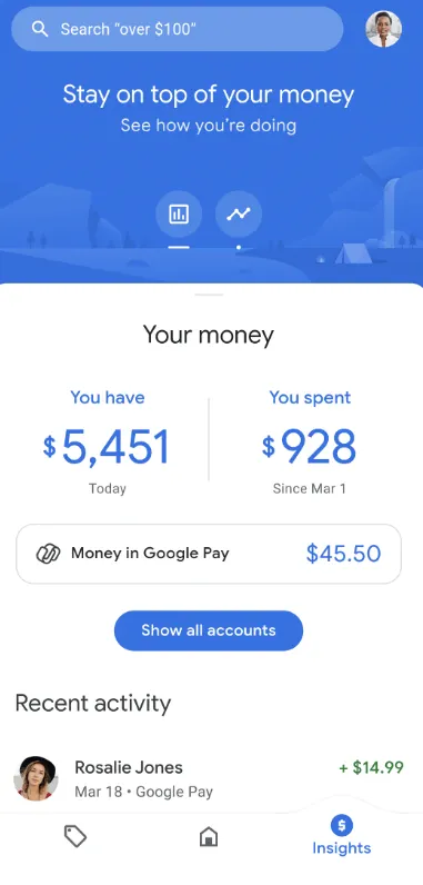 Информация о пользователе в приложении Google Pay