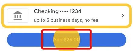 Выбор банковского счета для пополнения кошелька Google Pay