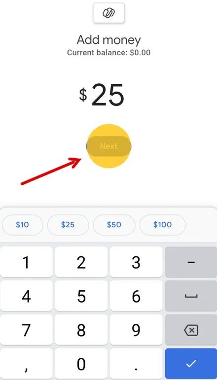 Форма пополнения баланса Google Pay