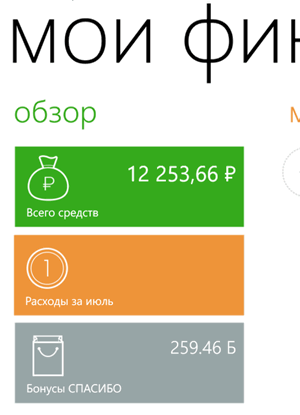 Отображение раздела «Мои финансы» в приложении Сбербанк ОнЛайн для Windows Phone